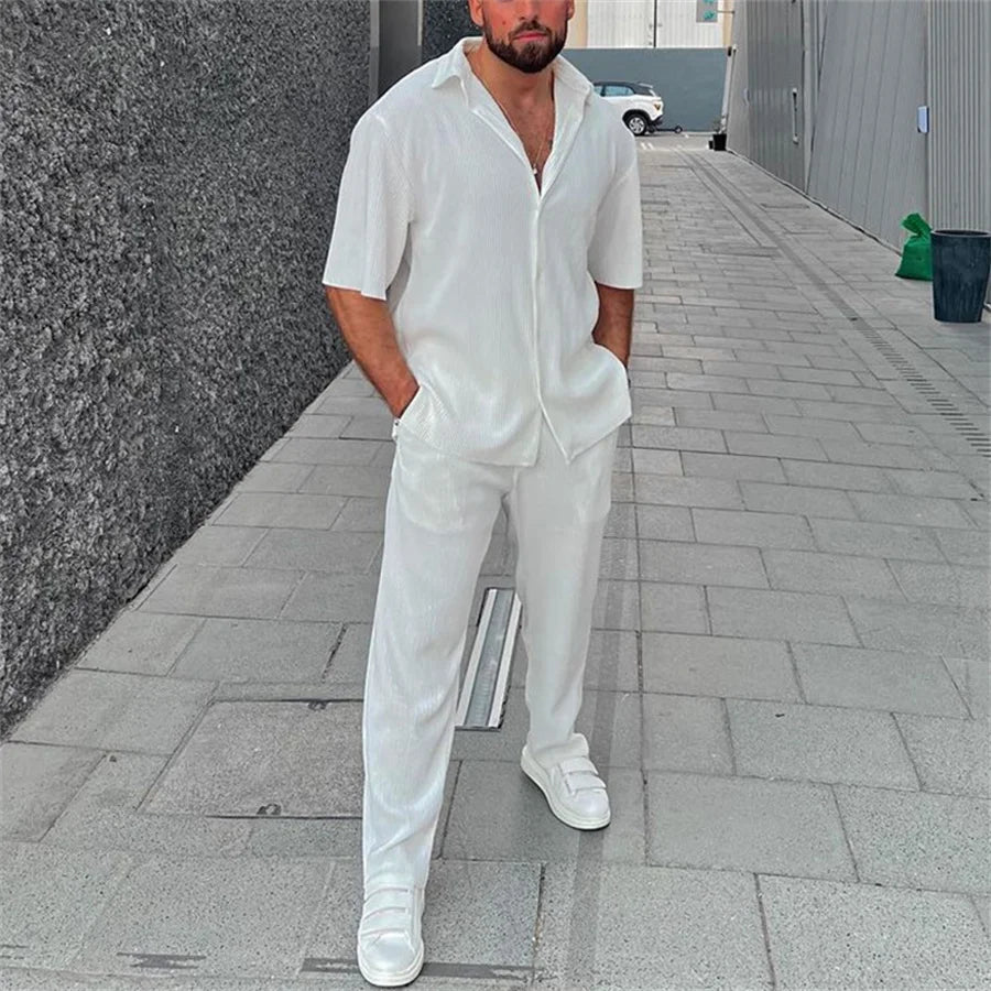 White Men Pants Set Lapel Button-up Short Sleeve Shirt + Long Pants Casual Beach Outfits Men's Clothing New Two Piece Tracksuit
