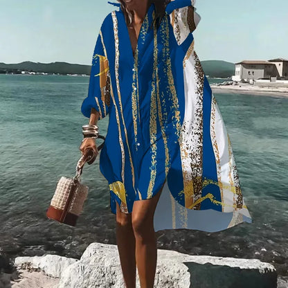 Autumn Dress  New Fashion Leisure Grace Printed Lapel Long Sleeve Loose Party Beach Women Shirt Dresses MsChuh