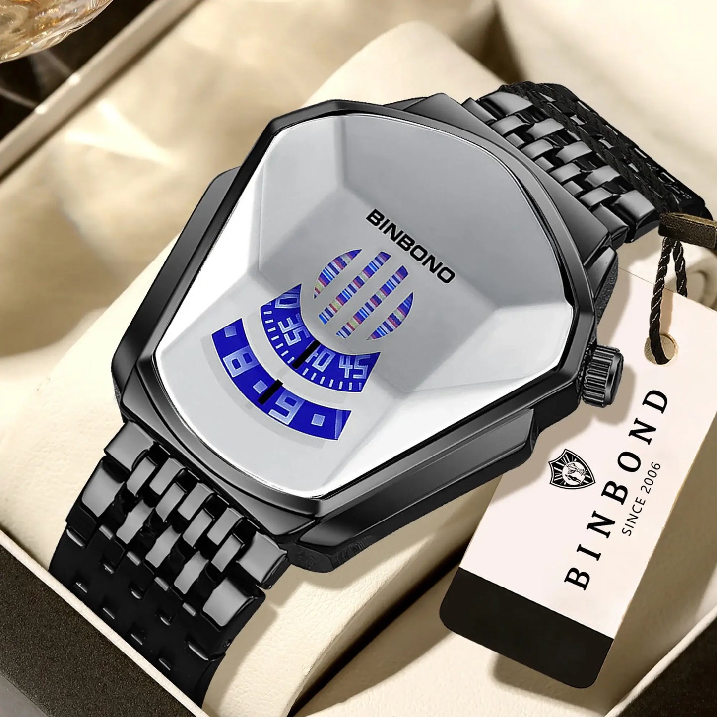 BINBOND Iron Man Face Orginal Brand Quartz Watches For Man Luxury Waterproof Men's Watch Sturdy Reloj Free Ship on black band.