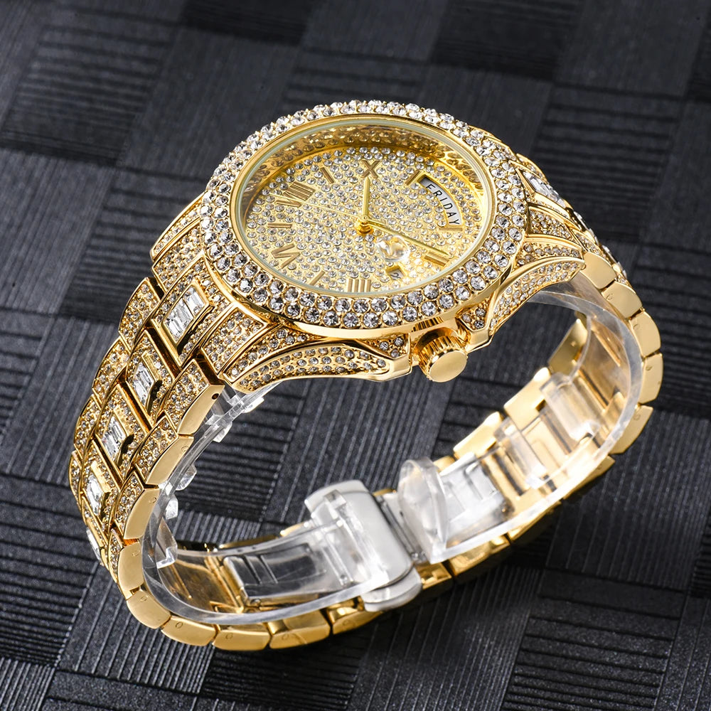 Vollvergoldete Eisuhr für Herren, Luxuriöse goldene Hip-Hop-Diamant-Quarz-Herrenuhren, Wasserdicht, Tagesdatum, Bestsellerprodukt 2023