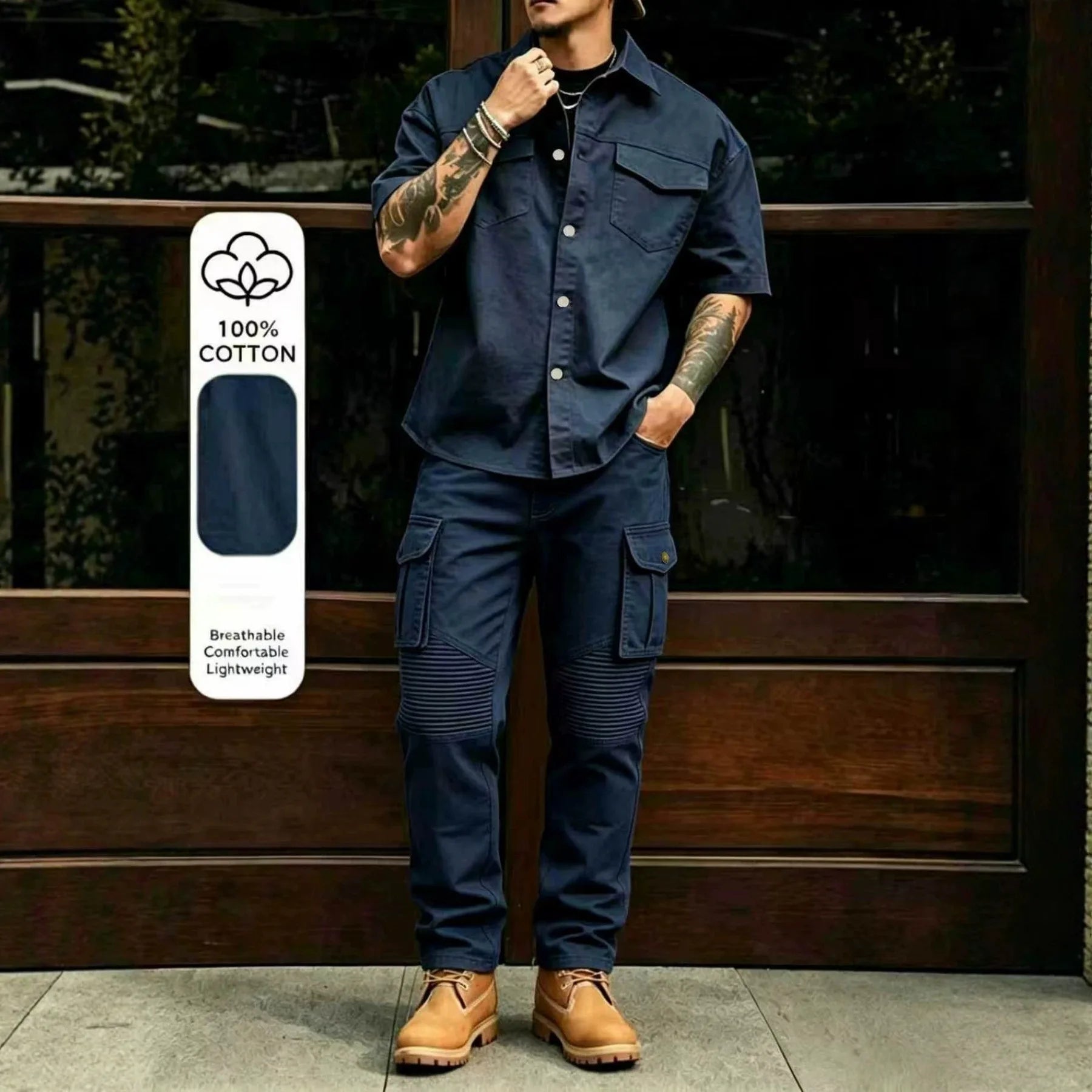Men's Casual Workwear 100% Cotton Multi-Pocket Short-Sleeved Shirt Pants Set Male Cargo Overalls Streetwear Short Sleeve Button