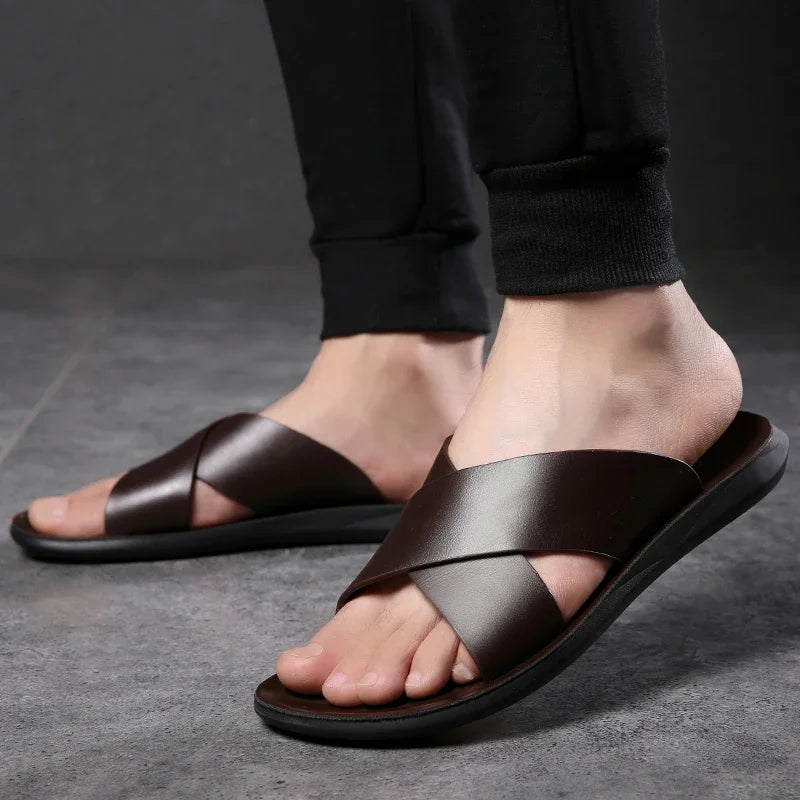 Topvivi slippers men Leather luxury Brand 2021 New Fashion Summer Men Shoes Vintage Flats Casual Non-slip Beach sandals men