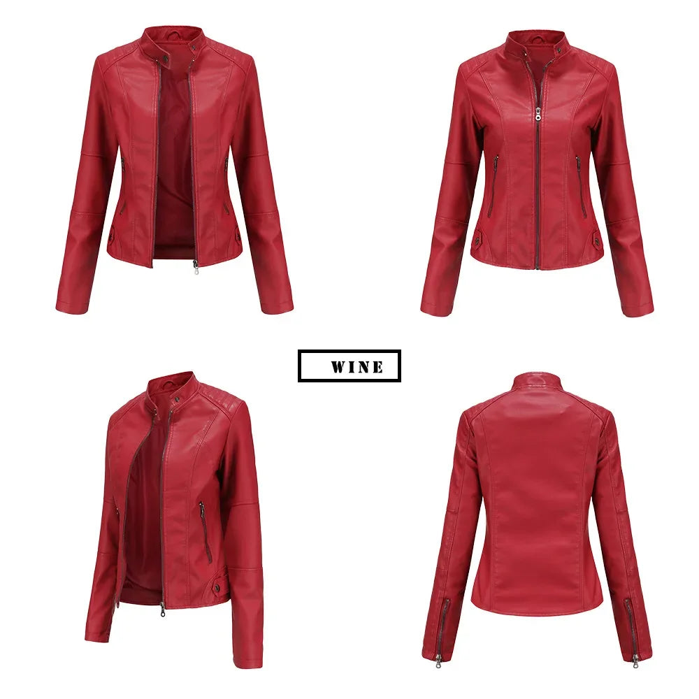 Autumn New Women's Leather Jacket, Fashionable Trim Motorcycle Women PU Coat Black Purple Brown Tops Female Menteau