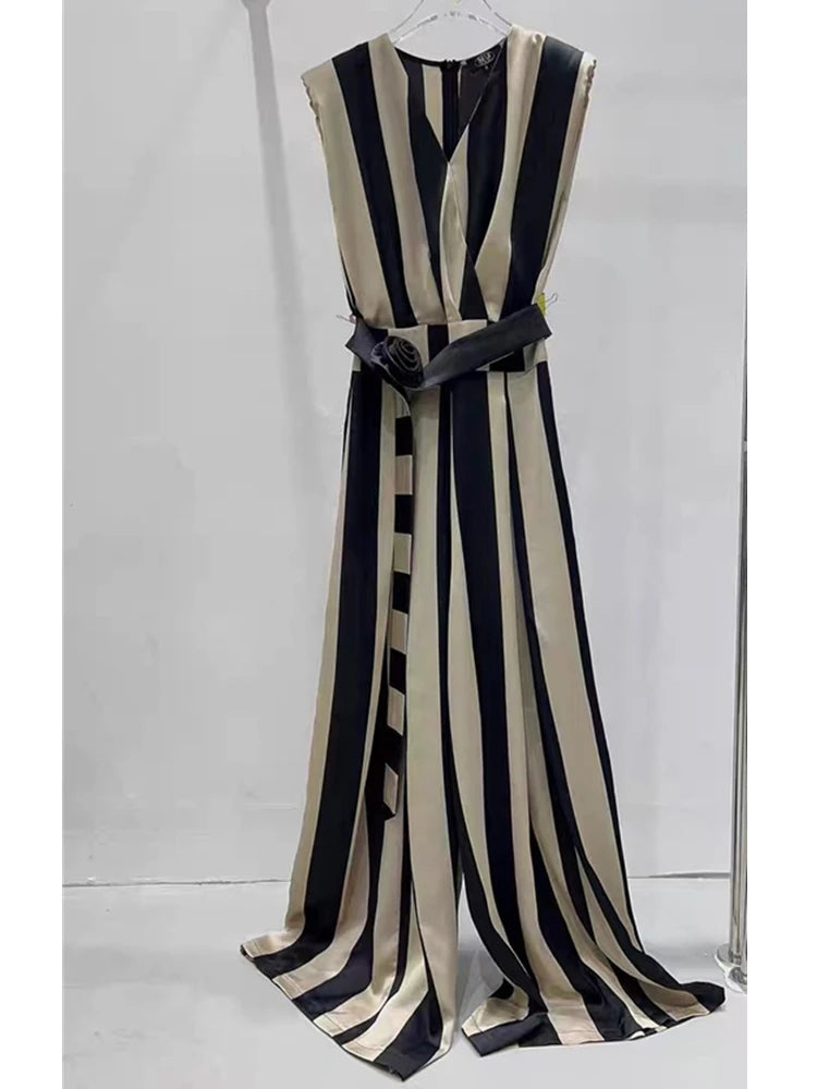 2023 Summer Fashion Elegant Black White Striped + Belt Jumpsuits Office Ladies Sexy V-neck High Street Slim Wide Leg Jumpsuit