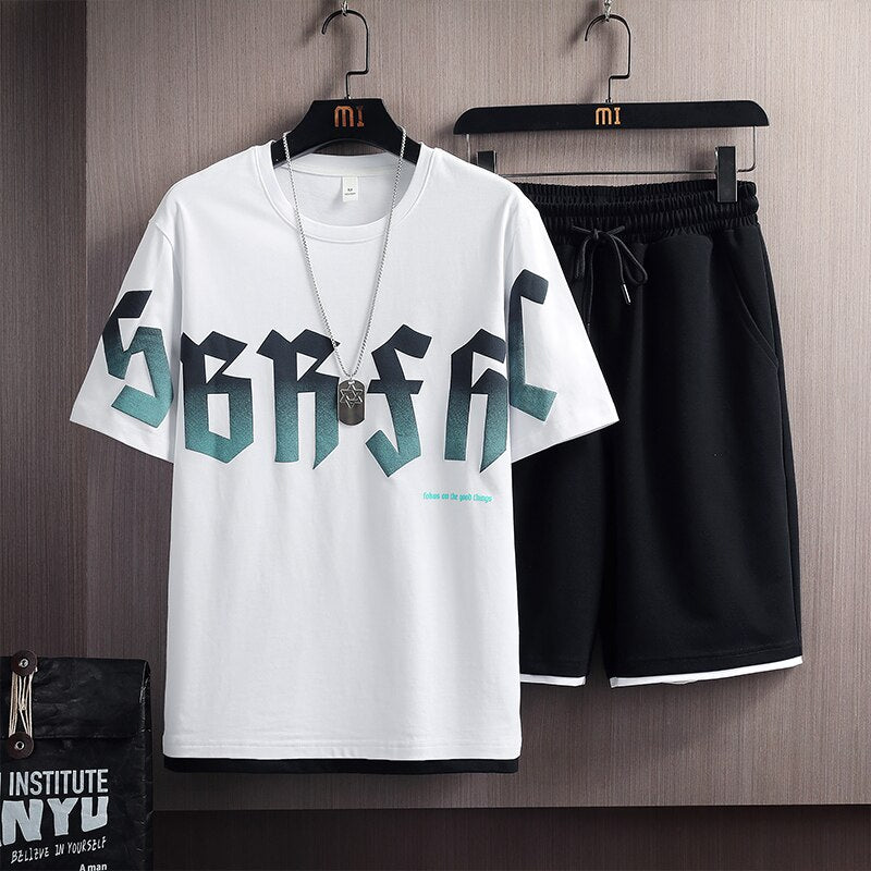 Summer New Mens Set Hip Hop Fashion Tracksuit T-shirt and Shorts Two Piece Set Men Harajuku Streetwear Casual Outfit Set