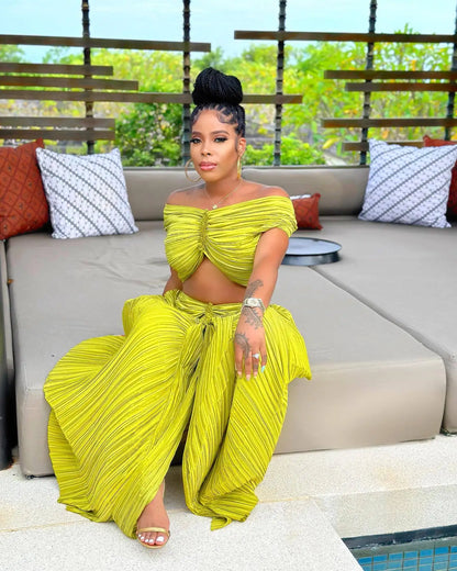 Crop Tops 2 Piece Skirt Sets  Summer Women Elegant Luxury Party Club Long Pleated Dress Sexy Two Piece Skirt Set Outfit