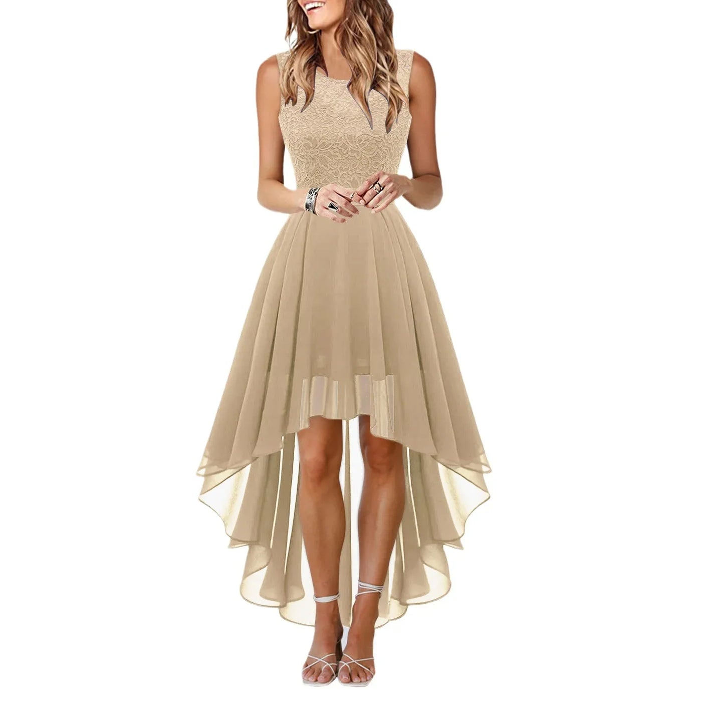 Spring Summer  Hollow out Waist Cinched Lace Evening Dress Midi Skirt Sleeveless round Neck Polyester Fabric Empire Waist