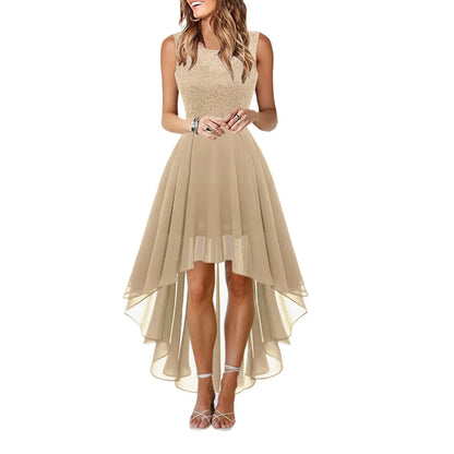 Spring Summer  Hollow out Waist Cinched Lace Evening Dress Midi Skirt Sleeveless round Neck Polyester Fabric Empire Waist