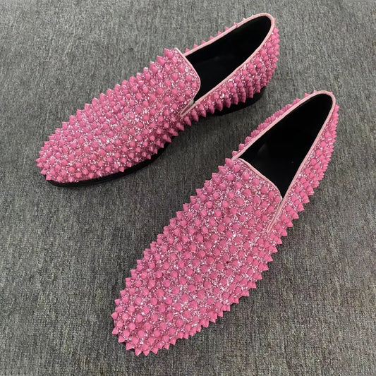 Pink Glitter Rivet Loafers Bulingbuling Men’s Shoes Pointed Head Slip On Calfskin Leisure Wedding Dress Business Single Shoes