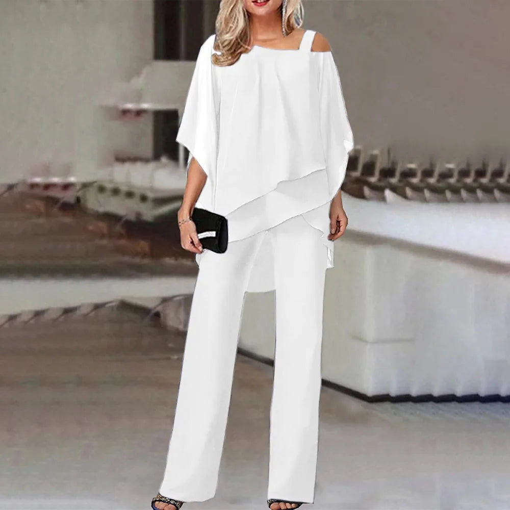 Women Trousers Sets Two Pieces Sale Sexy Off Shoulder Half Batwing Sleeve Blouse&OL Wide Leg Loose Pant Suits NMD-6666