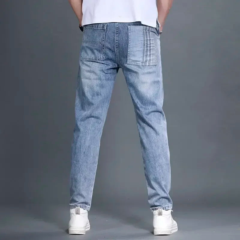 Male Cowboy Pants Aesthetic Jeans for Men Straight Trousers Spliced Light Blue Denim Casual Classic Korean Fashion Designer 2023