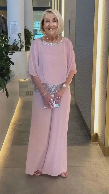 Spring Autumn Women's Clothing New Set Round Neck Fashion Glitter Color Blocked Bat Shirt Wide Leg Pants Set For Women