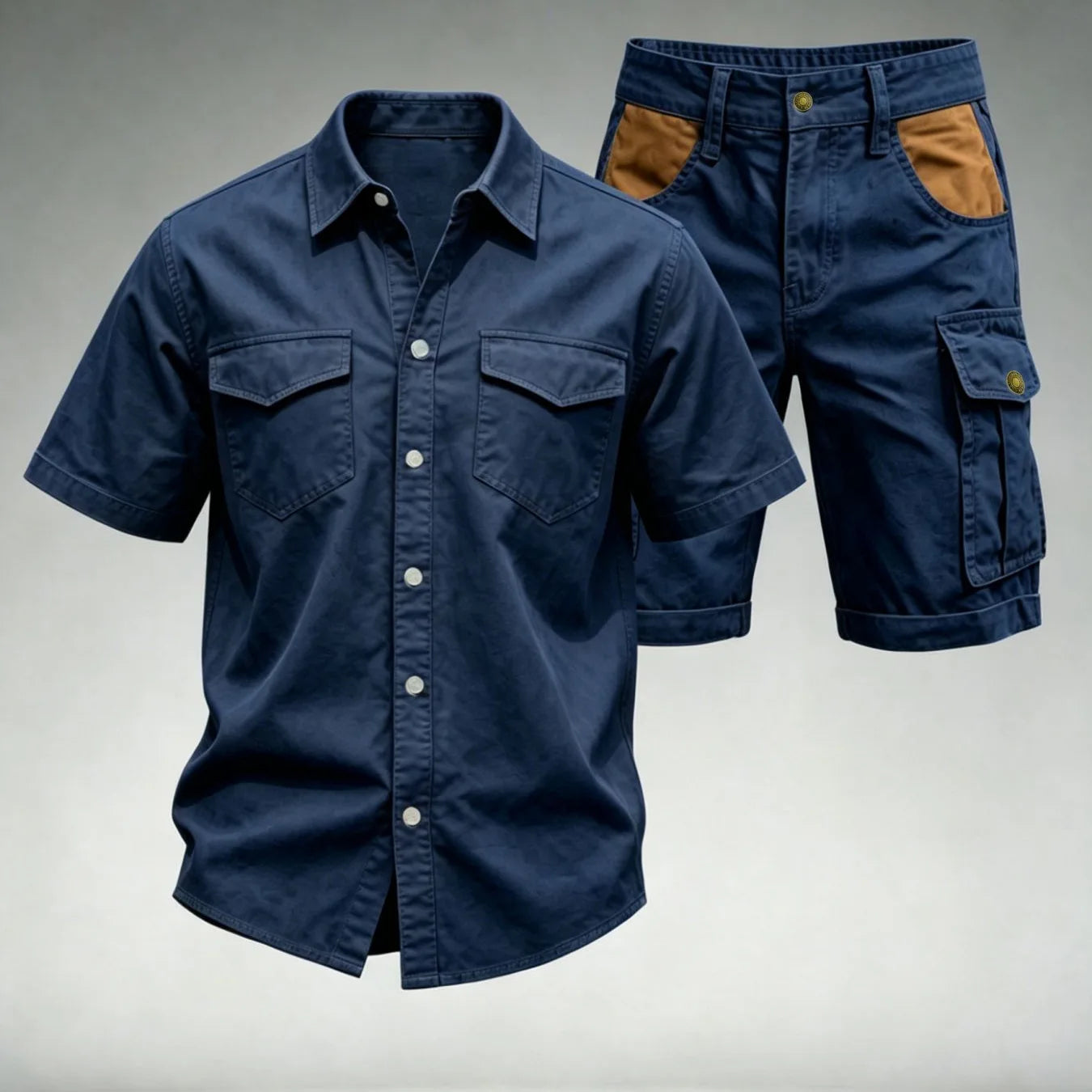 2026 Male Vintage Mens Multi Pocket Outfits Stylish Men Patchwork Shirt Shorts Sets Outdoor Casual Short Sleeve Two Piece Suits