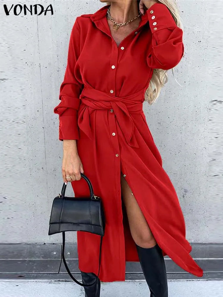 VONDA 2024 Women Autumn Long Shirt Dress Long Sleeve Buttons Belted Elegant Party Sundress Lapel Casual Solid Loose Vestido Robe