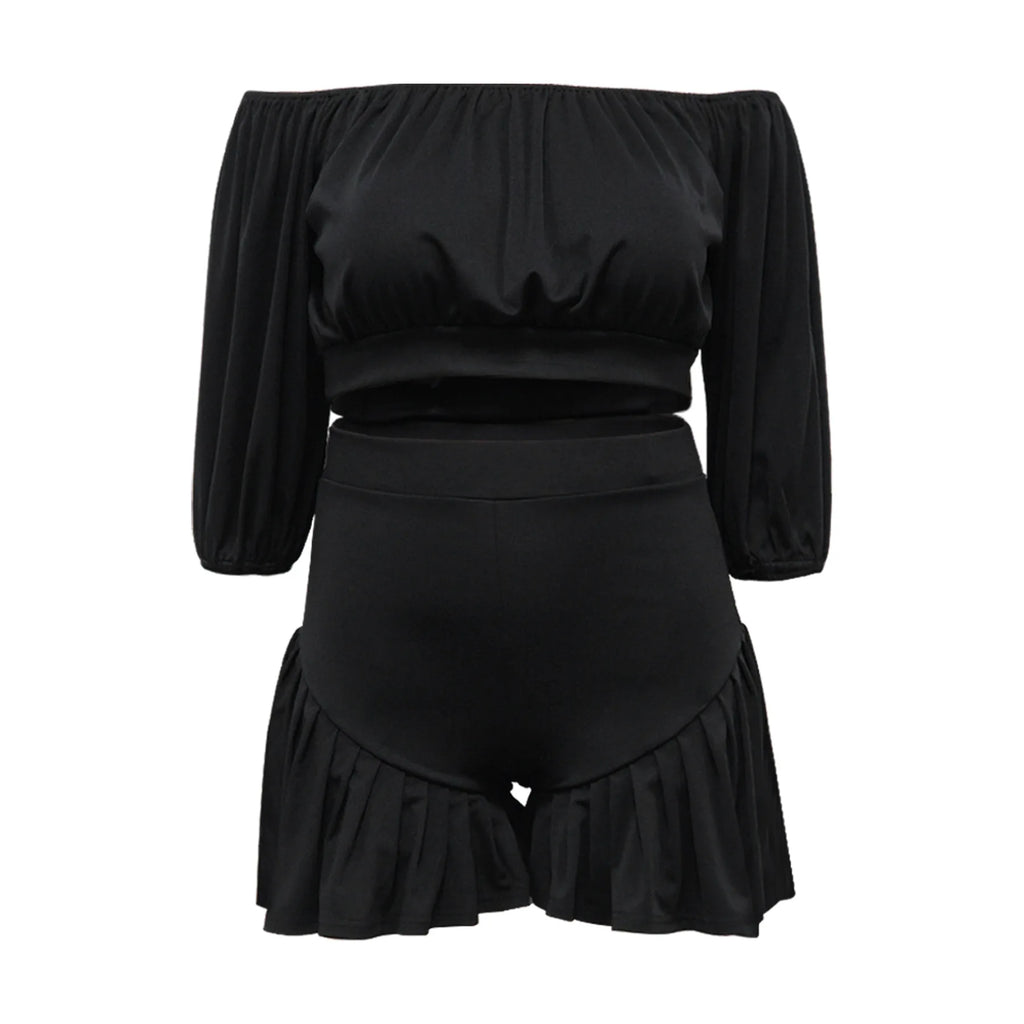 CM.YAYA Plus Size Women's Set Long Sleeve Slash Neck T-Shirt and Shorts  Summer Ruched Two 2 Piece Set Outfits Tracksuit