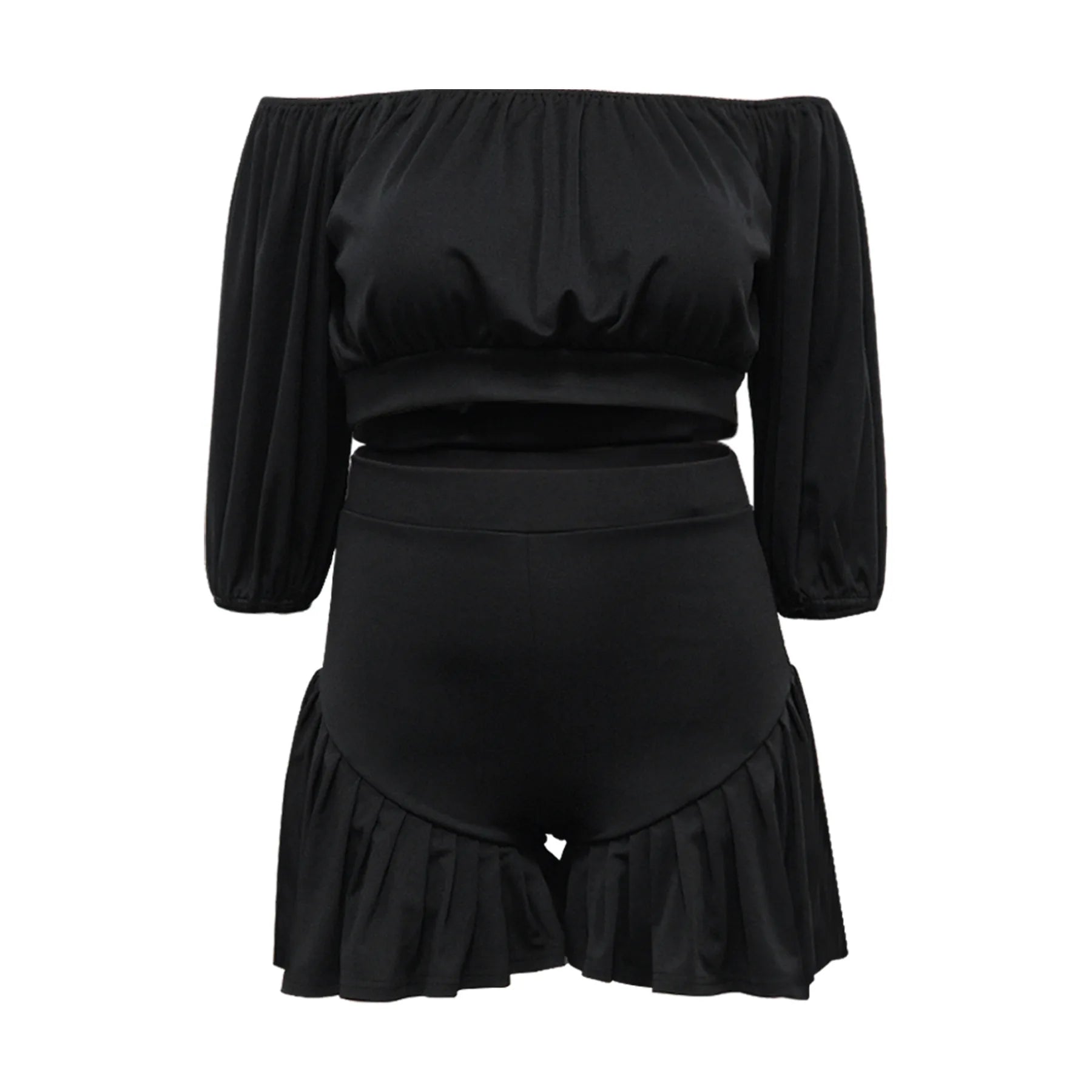 CM.YAYA Plus Size Women's Set Long Sleeve Slash Neck T-Shirt and Shorts  Summer Ruched Two 2 Piece Set Outfits Tracksuit