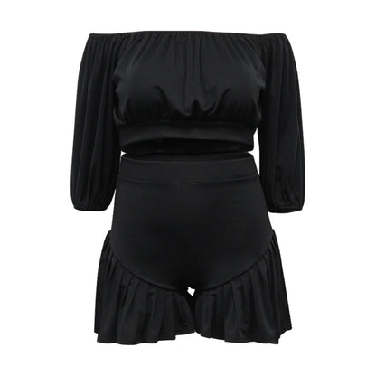 CM.YAYA Plus Size Women's Set Long Sleeve Slash Neck T-Shirt and Shorts  Summer Ruched Two 2 Piece Set Outfits Tracksuit