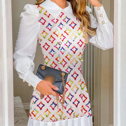 Womens Dresses  Spring Fashion Houndstooth Button Decor Puff Sleeve Ruffle Hem Elegant Turn-Down Collar Daily A Line Dress