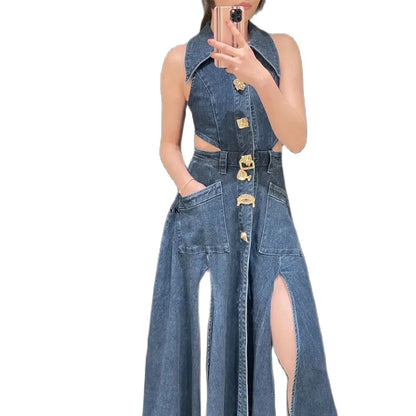Autumn Summer Ladies Denim Dress Sleeveless Pockets Single Breasted Women Shirt Floor Length Party Beach Sexy Dresses