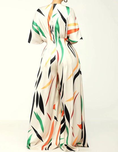 Jumpsuit for Women Fashion  Spring New Print Half Sleeve V-Neck Wide Leg Loose Casual Temperament Jumpsuits Casual Overalls