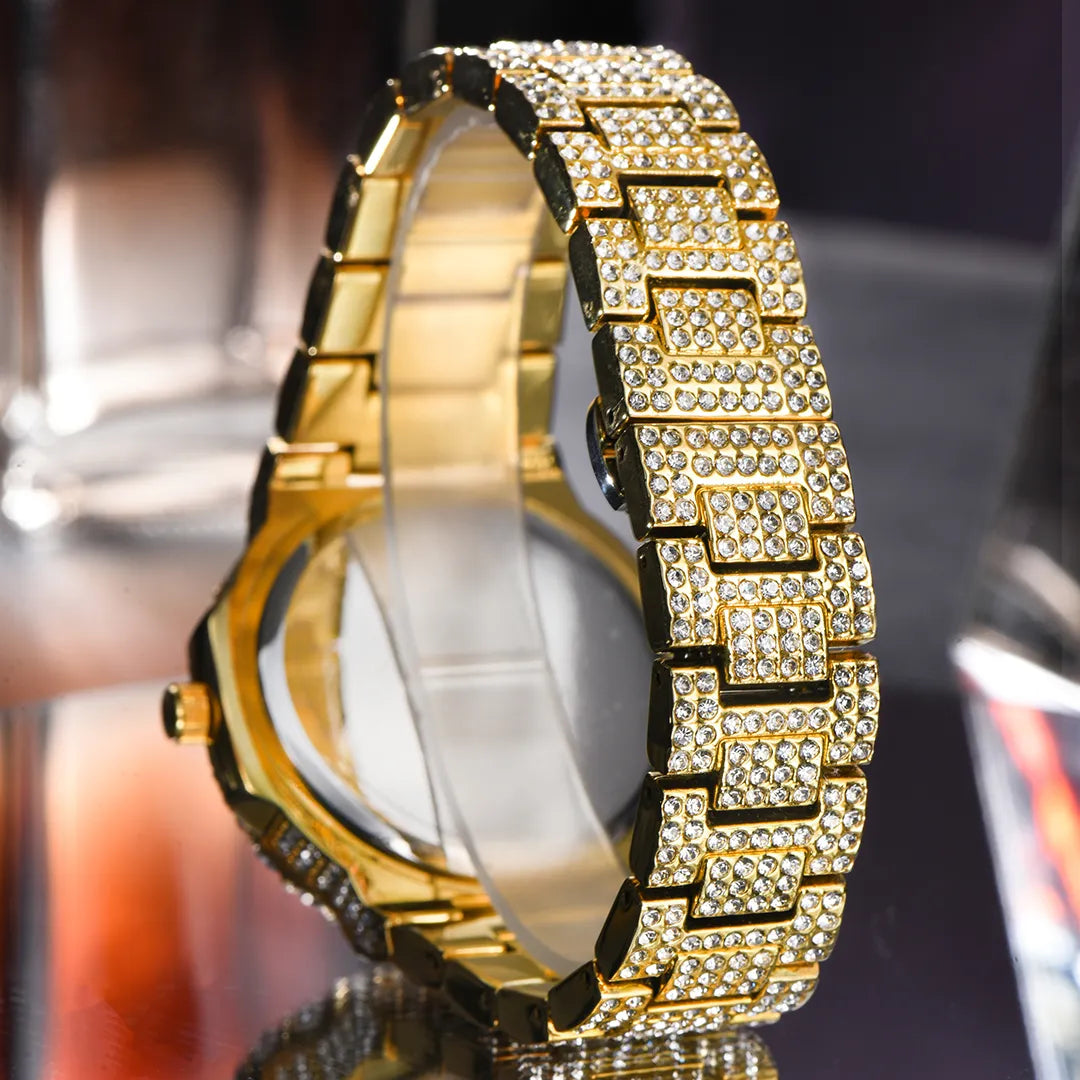 Hip Hop Brand MISSFOX Fashion Iced Out Watches Men Luxury Full Diamond 18K Gold Automatic Date Clock Steel Waterproof Watch Male