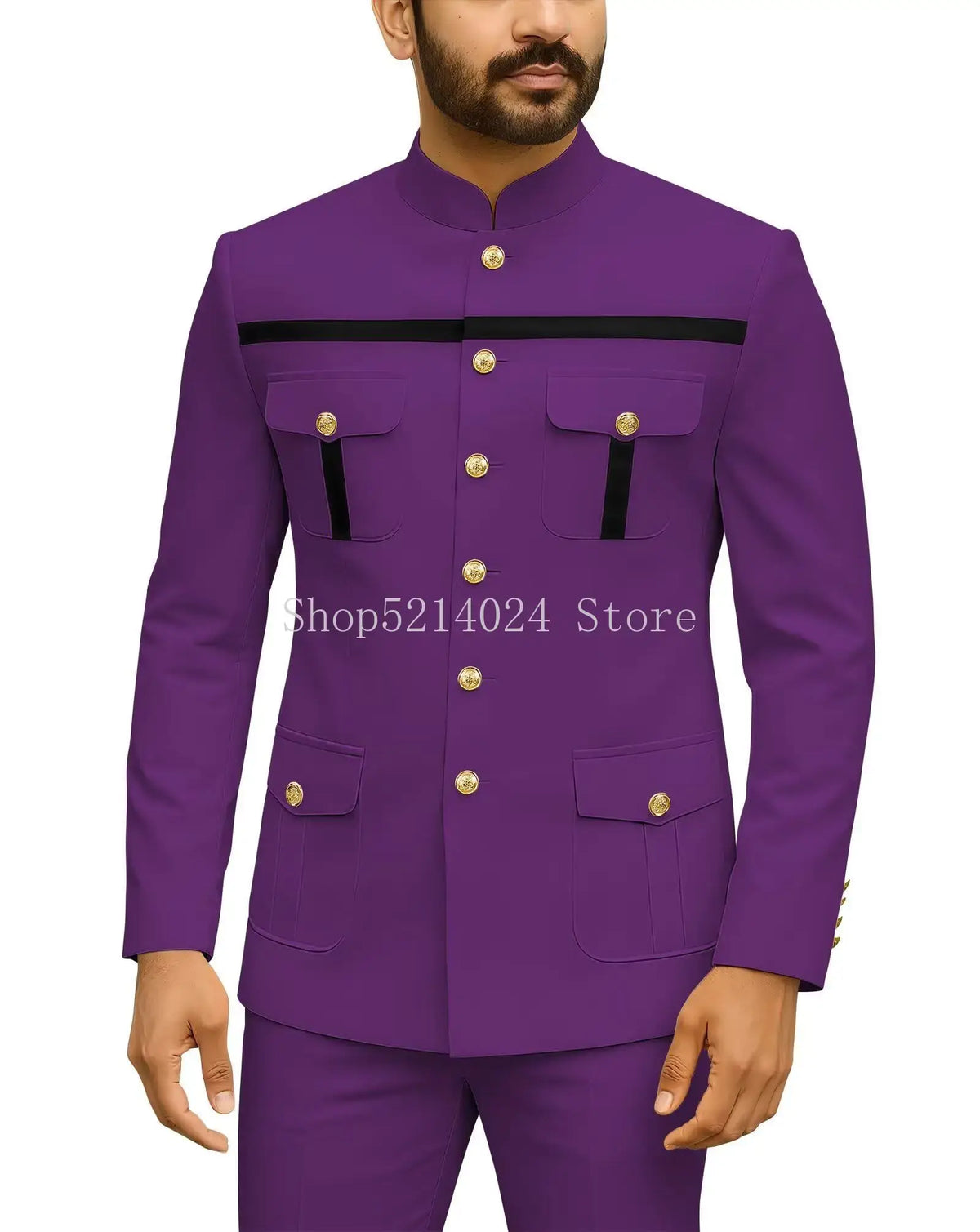 Herren Safari-Anzug 2-teilig Regular Fit Chinakragen Goldknopf Blazer Hose Set Afrikanische Outfits