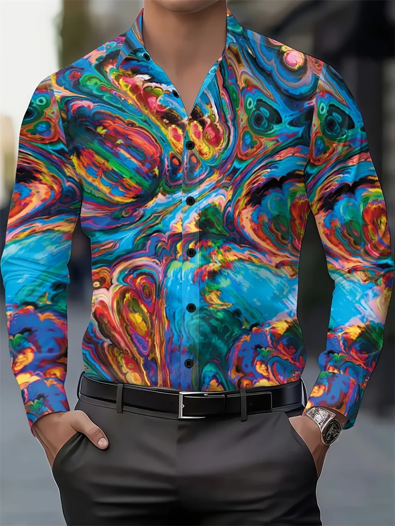 New Colorful Fluid Art Printed Men's Long Sleeve Shirt Trendy Brand Personalized Casual Slimming Shirt