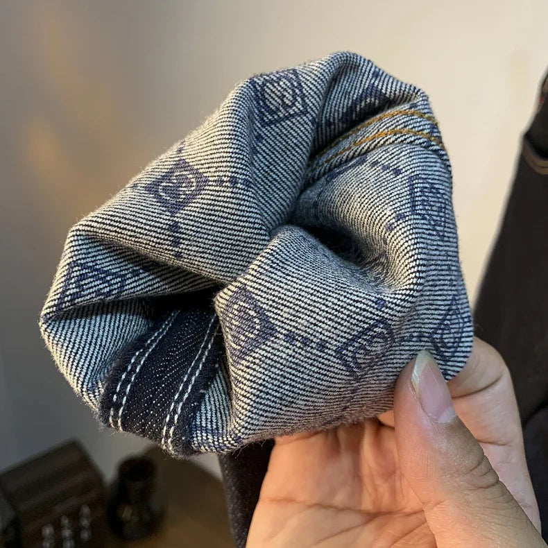 High end light luxury men jeans autumn new item dark blue fashion printed casual straight slim fit cotton washed denim pants