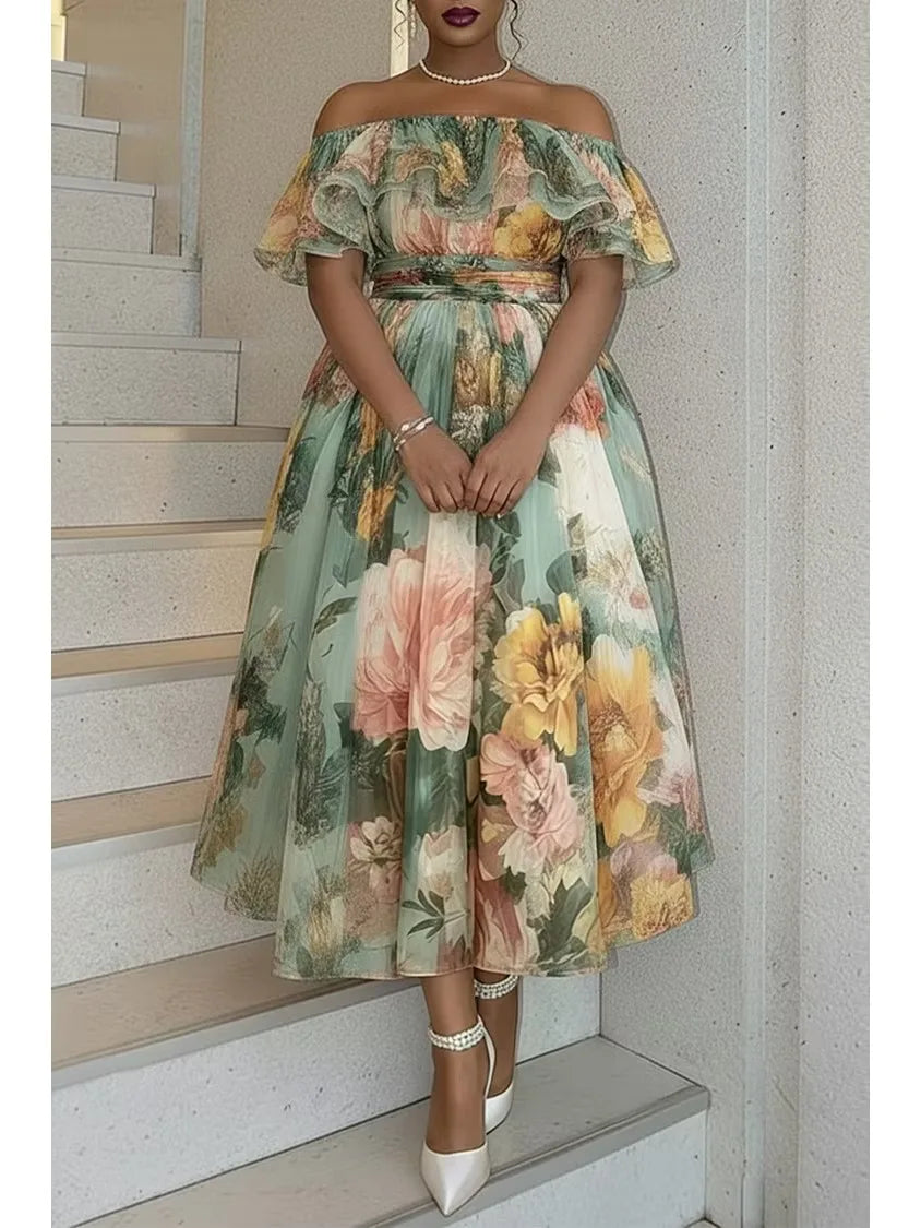 Plus Size Cocktail Party Sage Green Floral Off The Shoulder Ruffle Chiffon Maxi Dress A-Line Flowy Formal Dress for Women