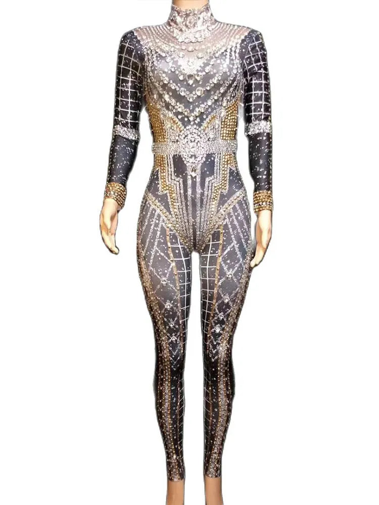 Shining Rhinestones Showgirl Performance Costumes Fashion Nightclub Dancer Pole Dancing Stage Costumes Acrobatic Women Jumpsuit