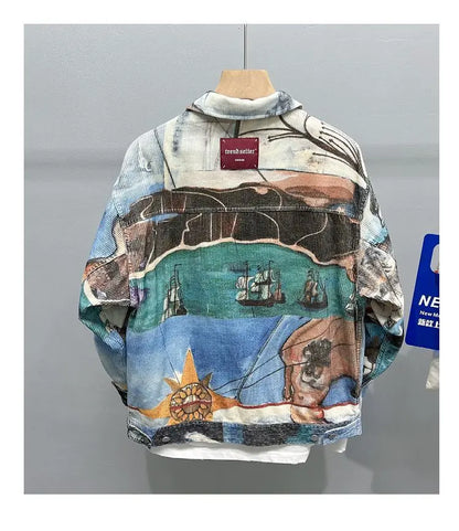 Original Jacket Korean Port Style Printed Lapel Coat Trend Casual Loose Coat Men's New China-Chic