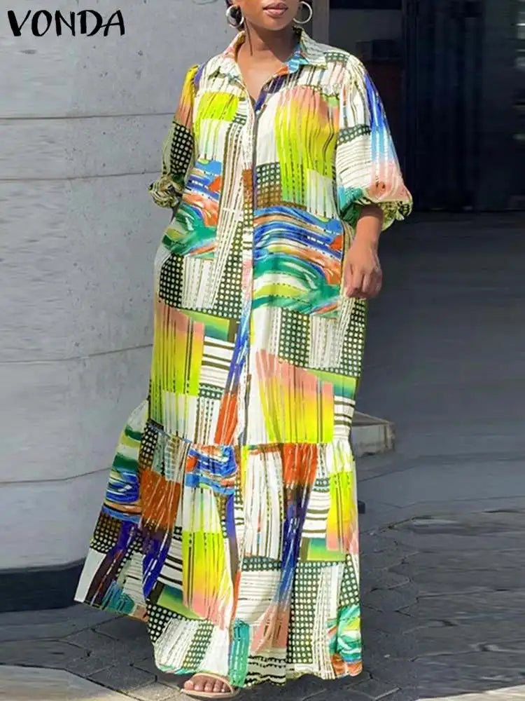 VONDA Plus Size 5XL Bohemian Printed Dress Autumn Women Elegant Long Sleeve Vintage Maxi Sundress Casual Button Loose Party Robe