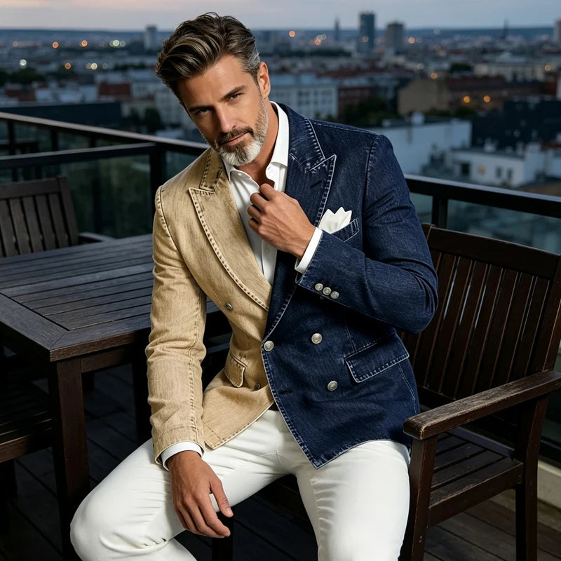Men Spliced Denim Jacket Peak Lapel Double Breasted Slim Fit Casual Blazer Outing Date Night Trendy Party Fashion Costume Homme