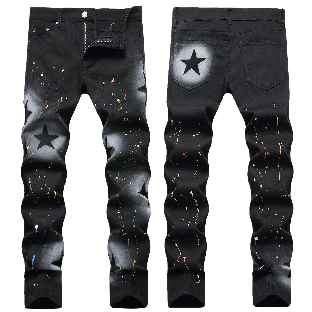 Blue Five-pointed Star Decorated Ripped  Jeans Men's Fashion Casual Trousers Plus Size Soft Denim Pants 28 30 32 34 36 38 40 42