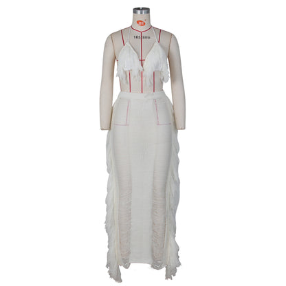 JRRY Sexy Women Knitted Set Halter Backless Crop Top Tassel Skirt Crochet Two Pieces Set Hollow Out Crocheted Beach Dress Set