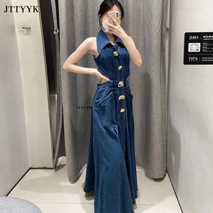 Autumn Summer Ladies Denim Dress Sleeveless Pockets Single Breasted Women Shirt Floor Length Party Beach Sexy Dresses
