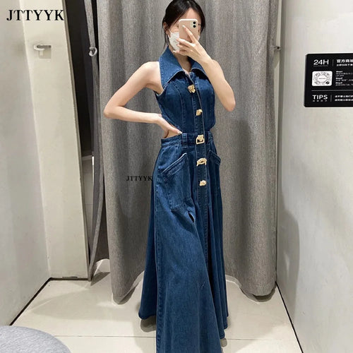 Autumn Summer Ladies Denim Dress Sleeveless Pockets Single Breasted Women Shirt Floor Length Party Beach Sexy Dresses