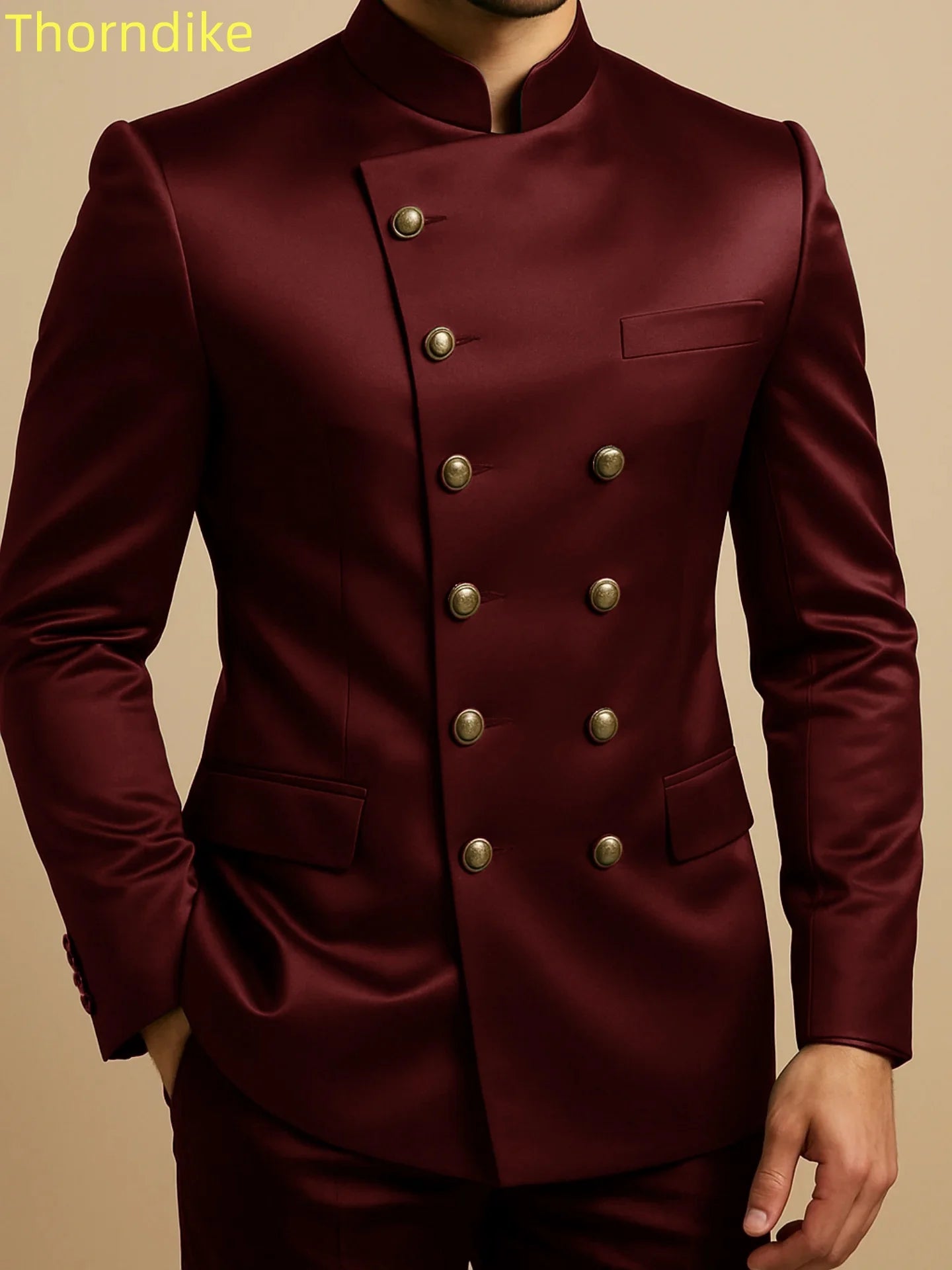 Thorndike Affrica Style Casual Stand Collar Satin Double Breasted Jacket Pants Business Men Suit Elegant Groom Wedding Suits