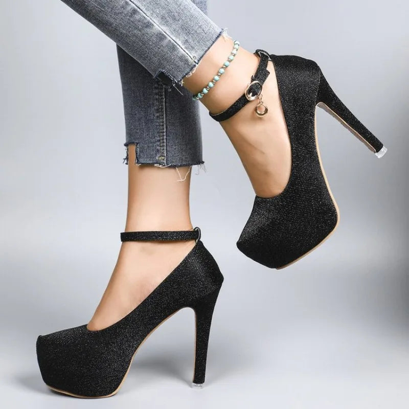 Women's High Heels 2026 New Style Semi-Uppered Thin Heel Waterproof Platform Buckle Fashion Shoes Large Size Strap Shoes