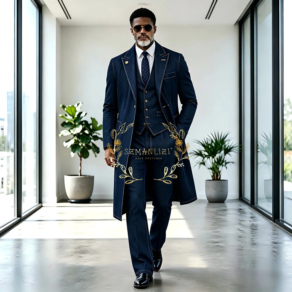 Men navy denim 3-piece tuxedo suit product photo