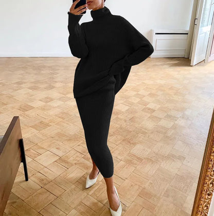 BKQU Knitted Dress Sets Women Loose Turtleneck Sweater Pullover And High Waist Long Skirt Two-Piece Set  Fall Winter Outfits
