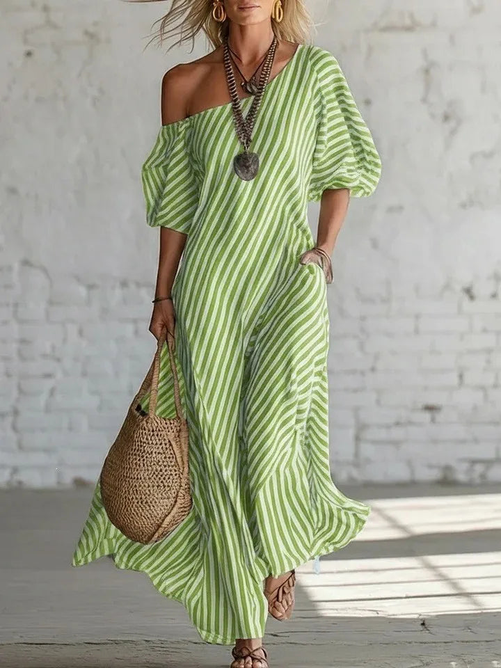 Summer Woman Dress Long Striped Off Shoulder Dresses Short Sleeve Maxi Dress Wrap Style Pink Striped Shirt Dress 's Women's