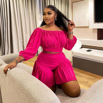 CM.YAYA Plus Size Women's Set Long Sleeve Slash Neck T-Shirt and Shorts  Summer Ruched Two 2 Piece Set Outfits Tracksuit
