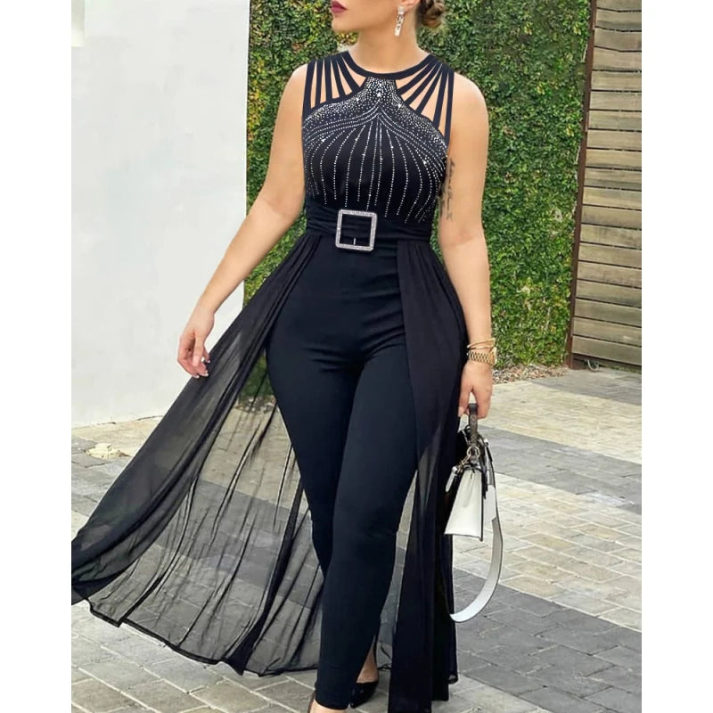 2023 New Fashion Women Sexy Rhinestone Sheer Mesh Sleeveless Jumpsuit Rompers Ladies Elegant Solid Jumpsuit