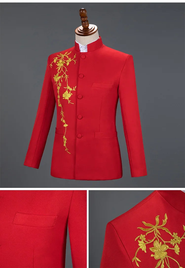 Neuer Herren Stehkragen Bestickter Anzug 2-teilig Schwarz / Weiß / Rot Mode Herren Bühne Party Perform Blazer und Hose
