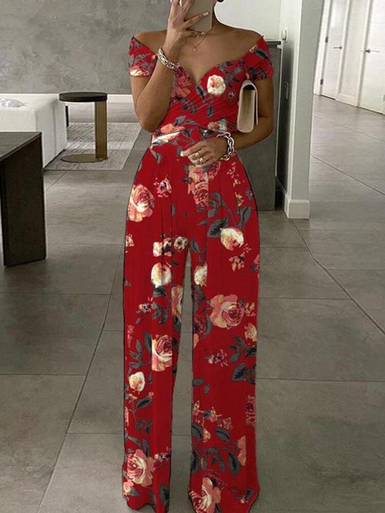 Sexy Outfit Off Shoulder Print Wide Leg Jumpsuit Women 2023 Summer Casual Boho Casual High Waist Jumpsuits Clothes Overalls