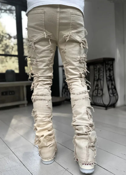 New Fashion Stretch Jeans Man Stacked Jeans Elastic Waist Straight Fit Patchworks Denim Long Pants Fringe Ripped Jeans For Men