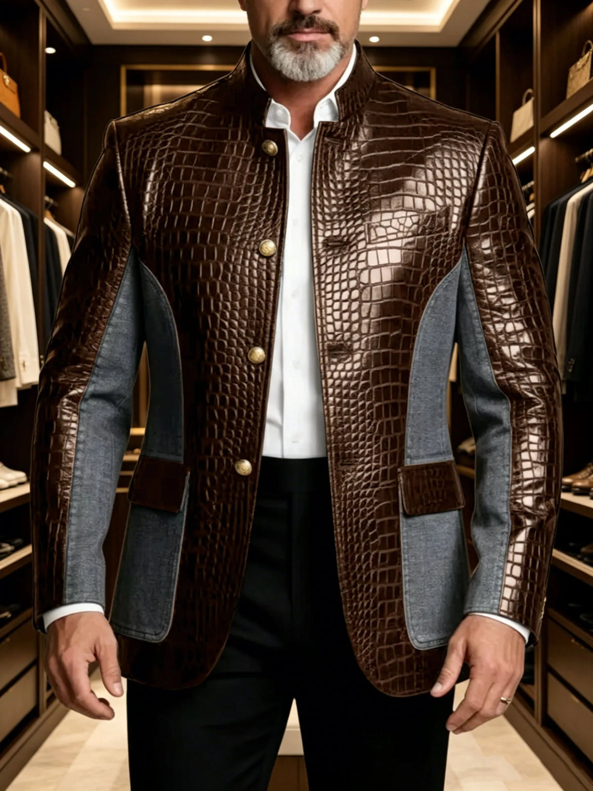 Men's brown crocodile embossed leather patchwork denim stand collar blazer front view