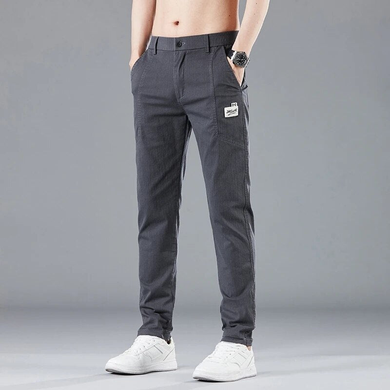 Spring Summer Elastic Waist Design Men&#39;s Thin Casual Pants Korean Fashion Cotton Stretch Business Trousers Male Grey Blue