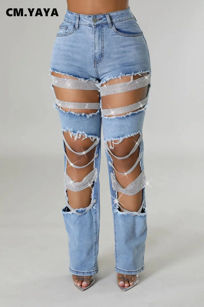 CM.YAYA Women Fashion Pearl Beading Ripped Hollow Out Tassel Wide Leg Jeans  New Summer INS Street Denim Pants Trousers